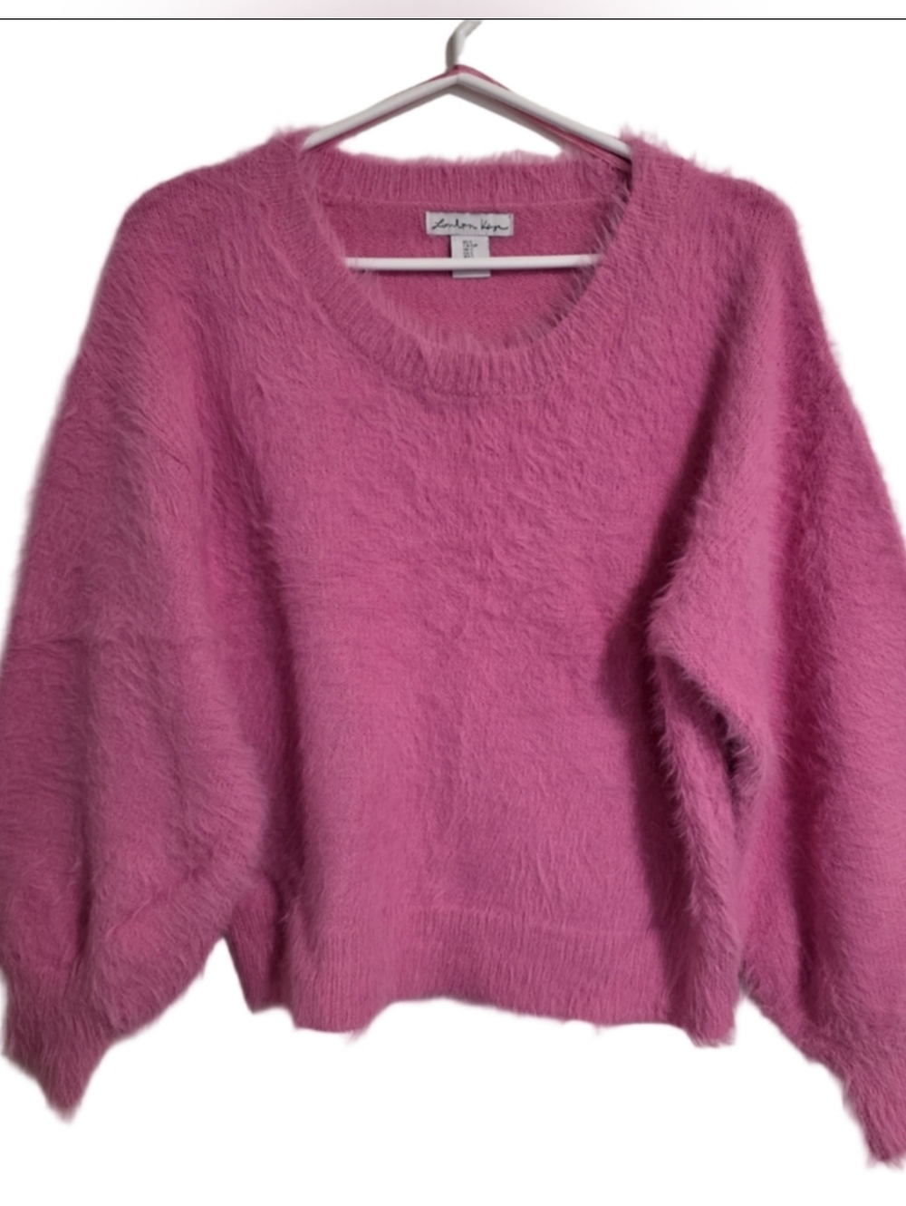 London Kaye Barbiecore Furry Sweater Eyelash Knit Roundneck Balloon Sleeves EUC